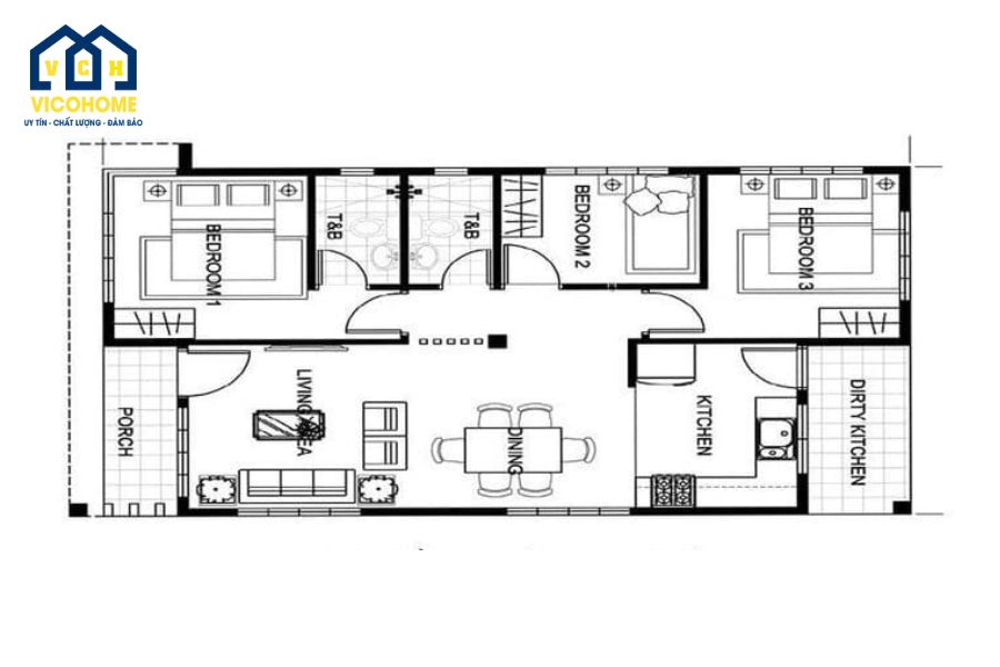 bản vẽ nhà cấp 4 3 phòng ngủ 7x15
