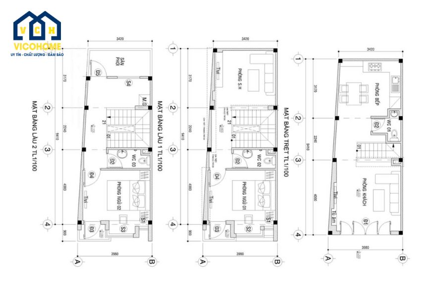 bản vẽ nhà 3 tầng 40m2
