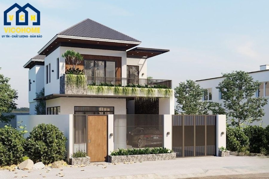 nhà 2 tầng mái nhật hiện đại