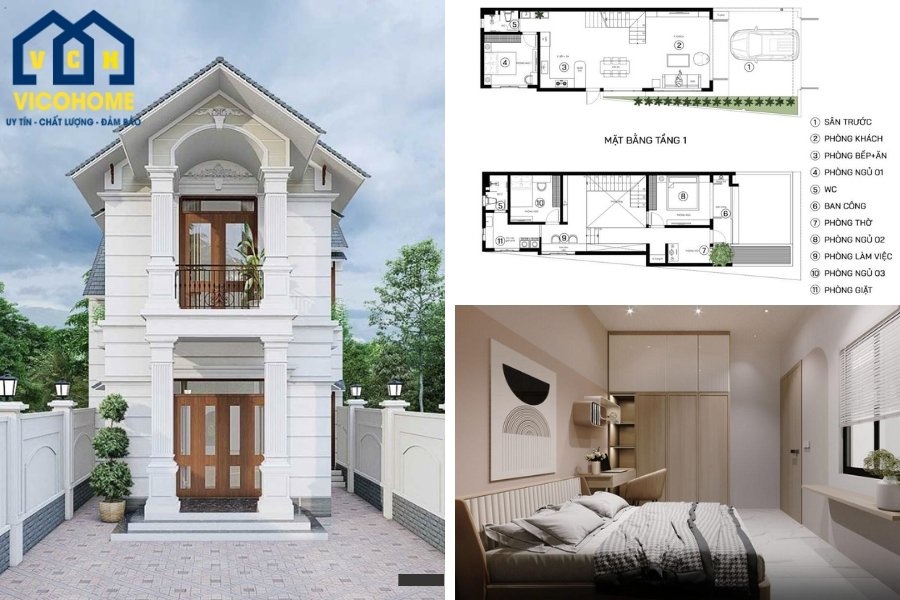 mẫu nhà 2 tầng mặt tiền 6m 3 phòng ngủ