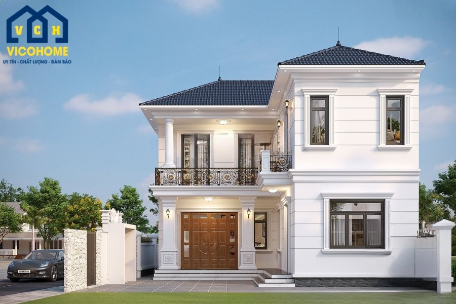 Mẫu nhà 2 tầng chữ L 100m2 mái Nhật