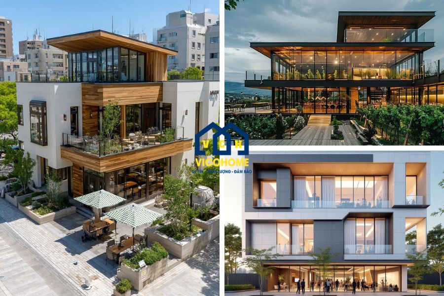 mẫu nhà kính quán cafe khung thép 3 tầng