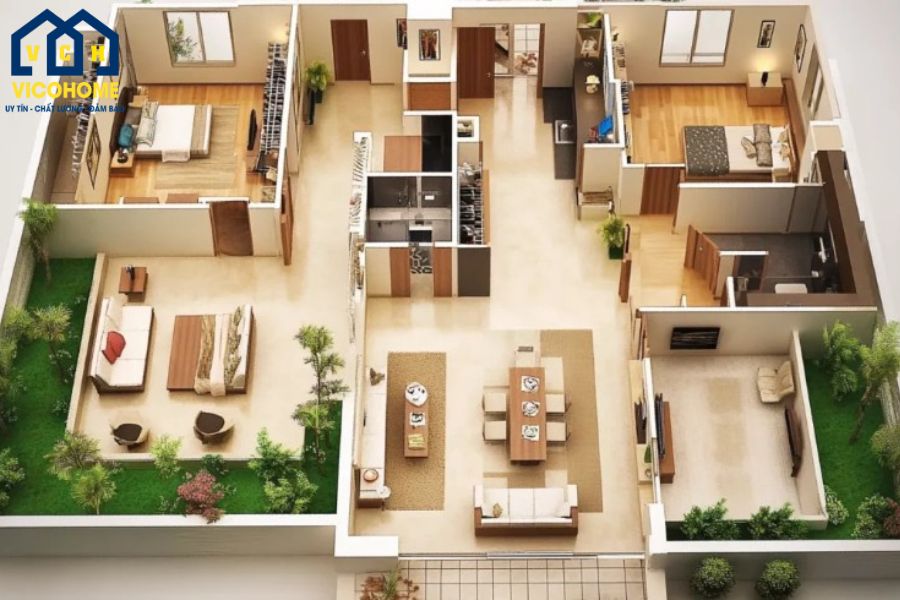 bản thiết kế nhà 1 tầng 4 phòng ngủ