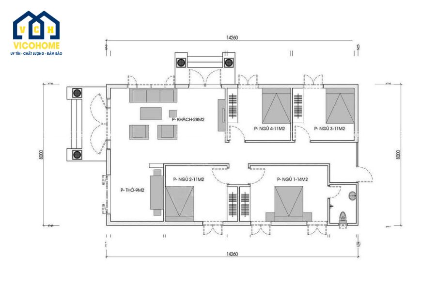 bản vẽ nhà 1 tầng 4 phòng ngủ
