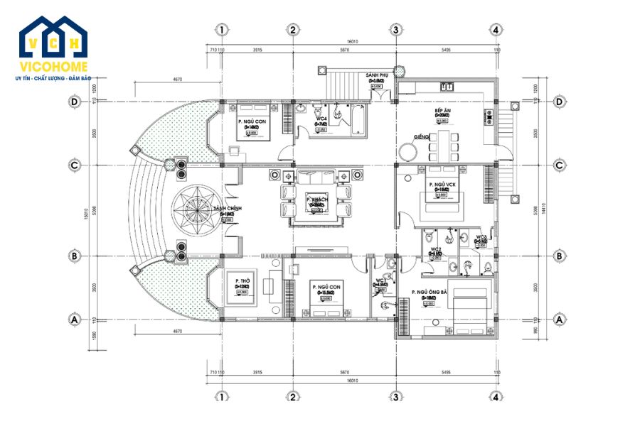 bản vẽ thiết kế nhà 1 tầng 4 phòng ngủ