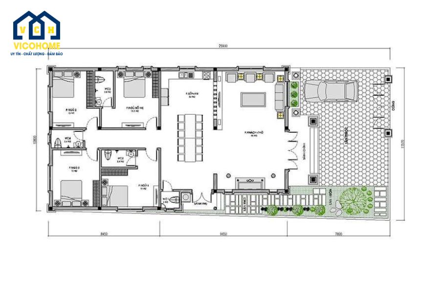 mặt bằng nhà 1 tầng 4 phòng ngủ