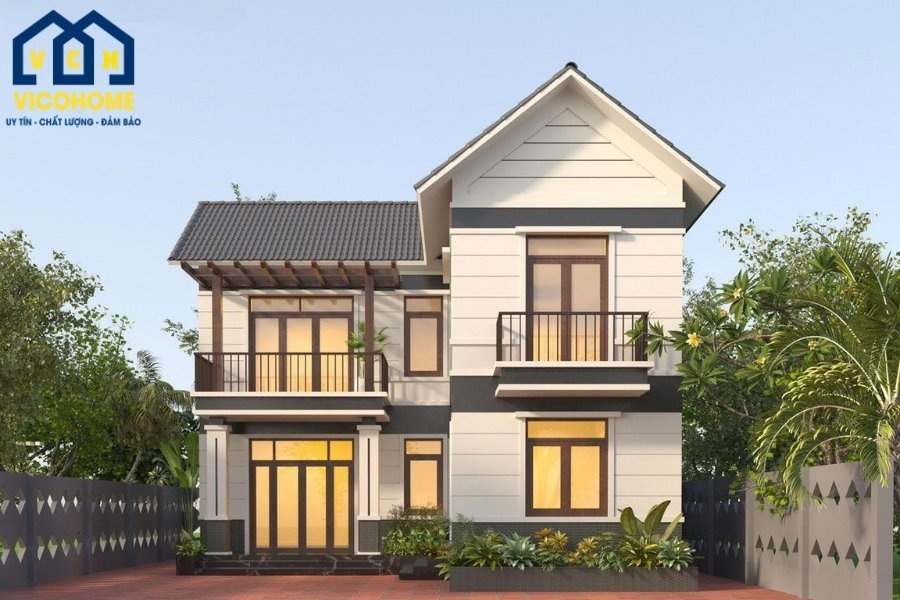 nhà mái thái 2 tầng chữ l ở nông thôn