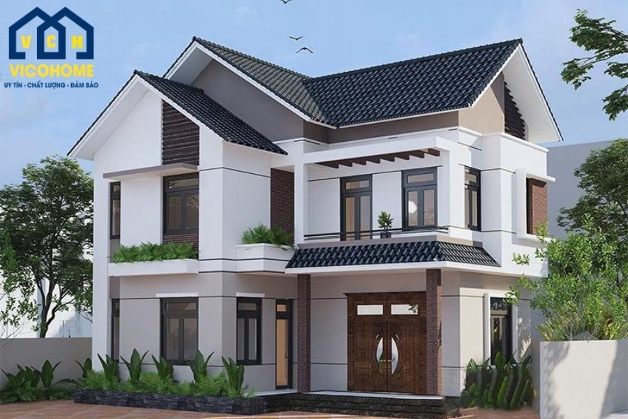 nhà mái thái chữ l 2 tầng hiện đại