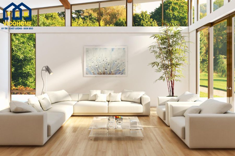 phòng khách nhà 1 tầng 4 phòng ngủ