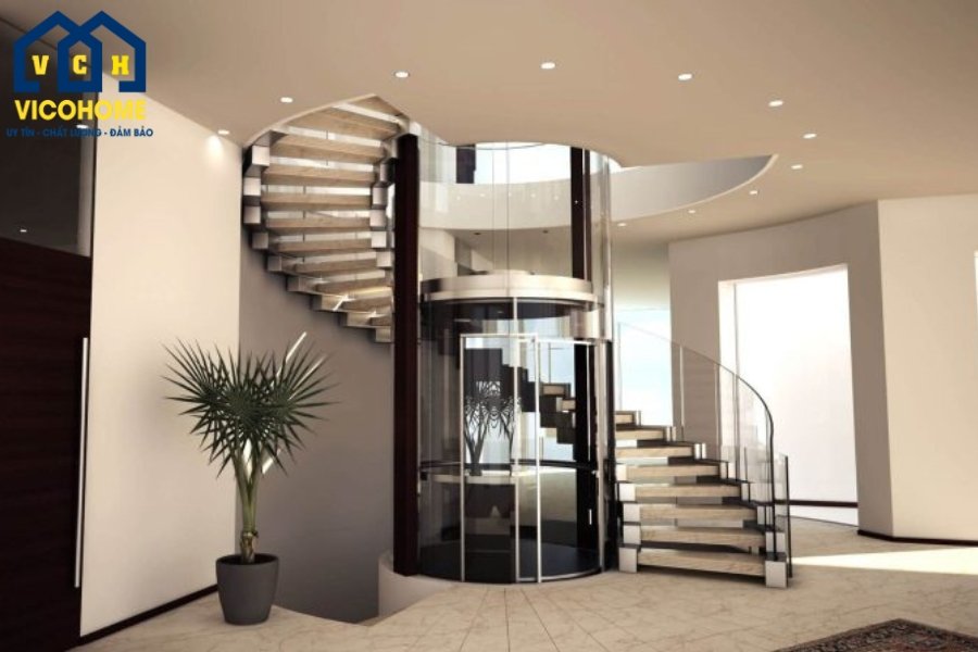 Thiết kế thang máy nằm trong cầu thang bộ