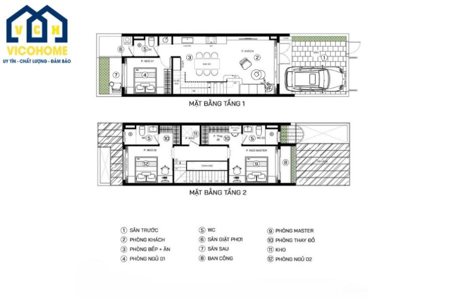 bản vẽ nhà ống 2 tầng 5x20m