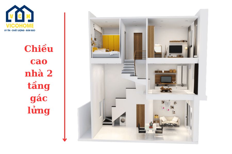 chiều cao nhà gác lửng 2 tầng