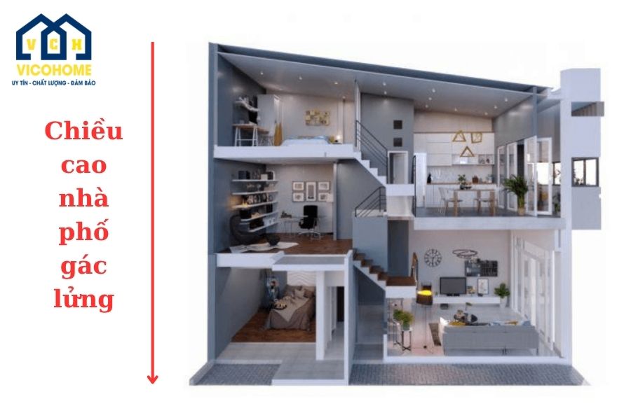 chiều cao nhà phố gác lửng