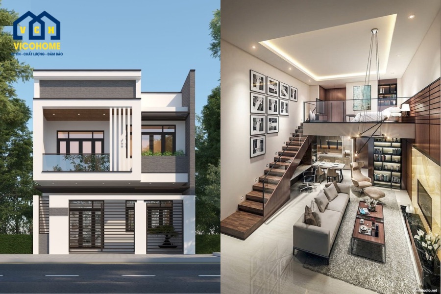 mẫu thiết kế nhà ống 2 tầng 5x20m gác lửng