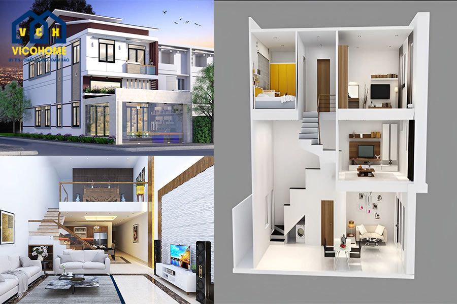 nhà 2 tầng gác lửng đơn giản