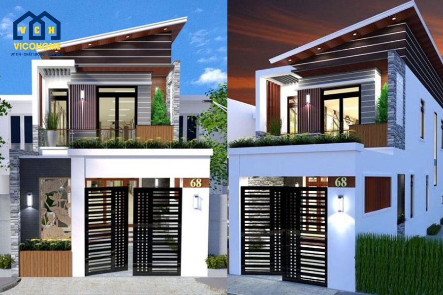 thiết kế nhà ống 5x20m 2 tầng mái lệch