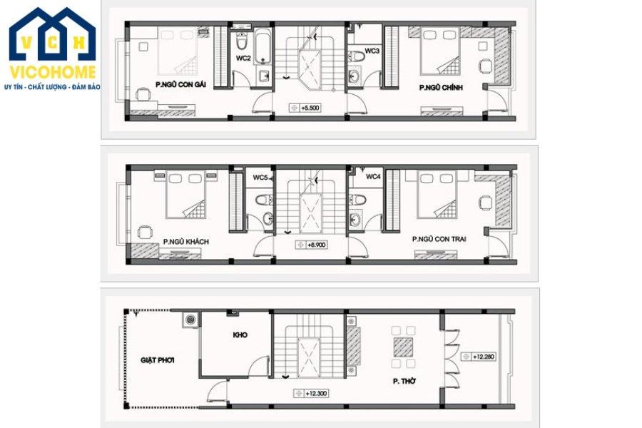 Bản vẽ thiết kế nhà 5 tầng có thang máy - Tầng 3,4,5