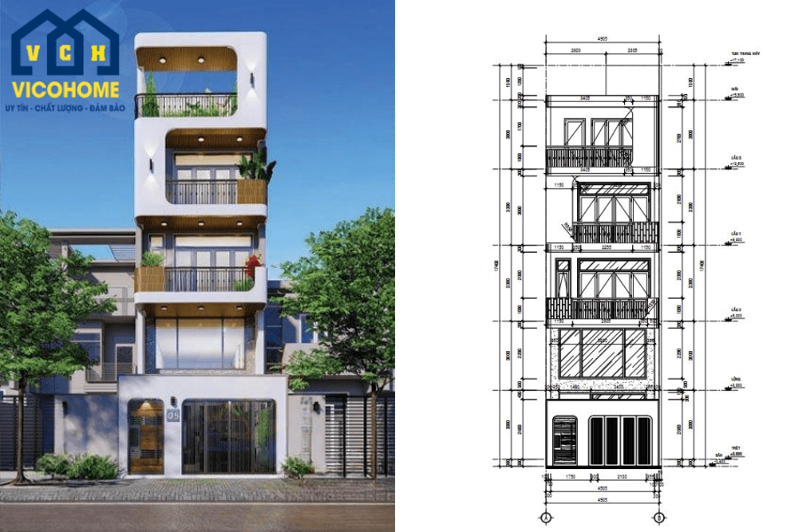 Bản vẽ thiết kế nhà 5 tầng 5x20m có thang máy đẹp