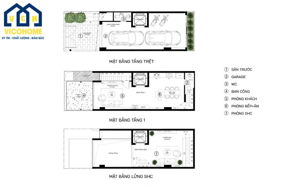 Bố trí công năng mẫu nhà 4 tầng 1 tum (tham khảo)