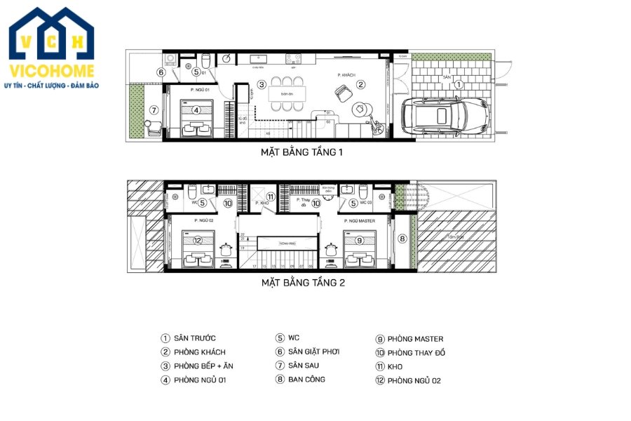 Bố trí công năng mẫu nhà ống 2 tầng mái thái 5x20m (Tham khảo)