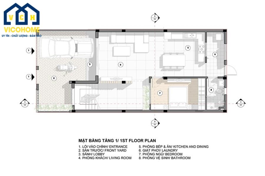 Bố trí công năng nhà 2 tầng mặt tiền 8m sâu 12m - Tầng 1