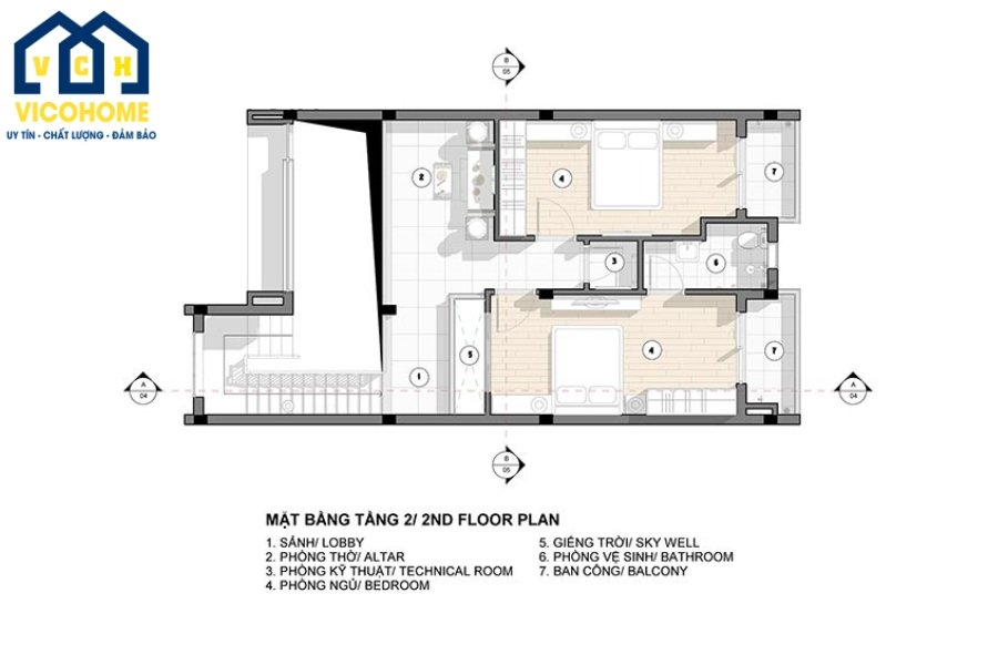 Bố trí công năng nhà 2 tầng mặt tiền 8m sâu 15m - Tầng 2