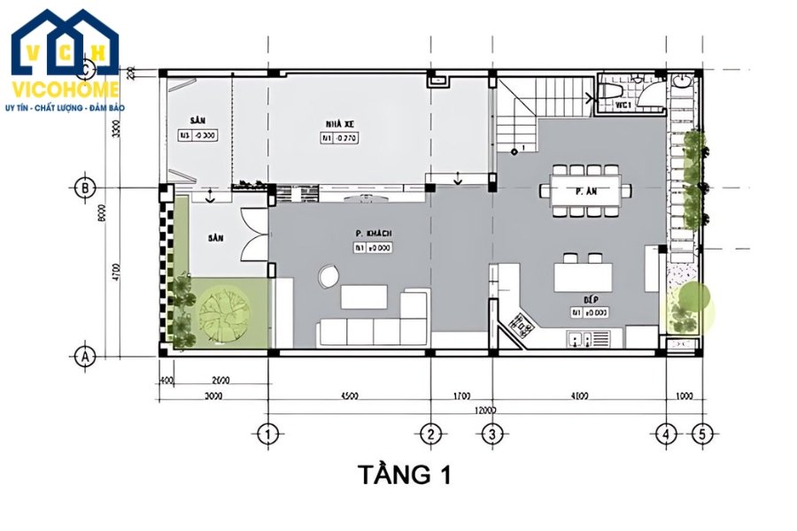 Bố trí công năng nhà 3 tầng mặt tiền 8m sâu 15m - Tầng 1 (Tham khảo)