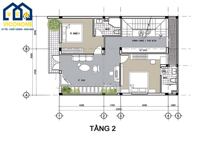 Bố trí công năng nhà 3 tầng mặt tiền 8m sâu 15m - Tầng 2 (Tham khảo)