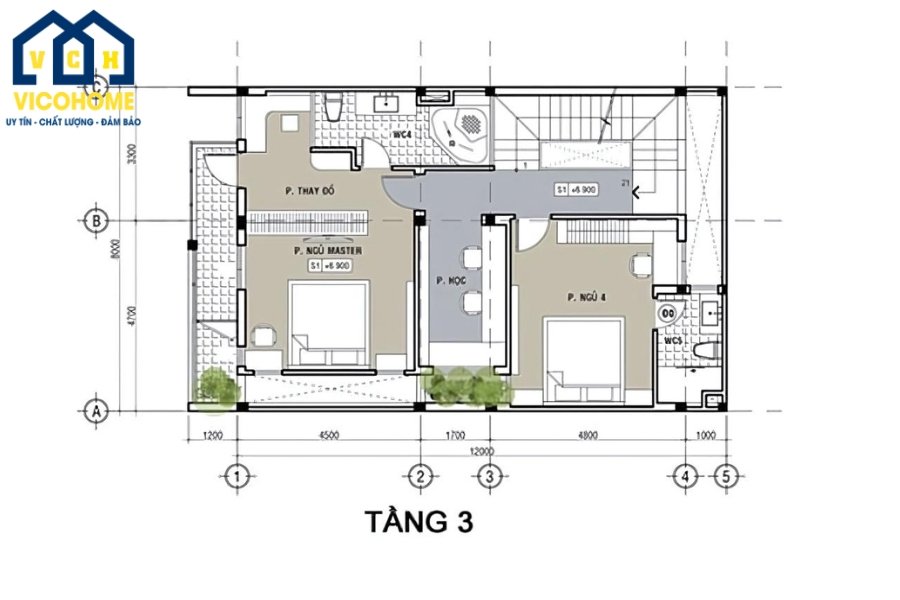 Bố trí công năng nhà 3 tầng mặt tiền 8m sâu 15m - Tầng 3 (Tham khảo)