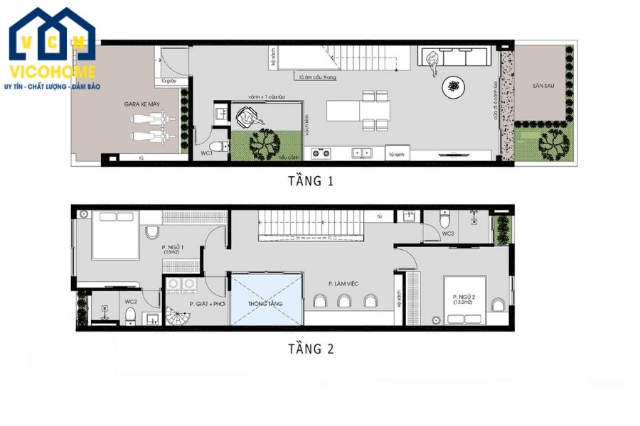 Bố trí công năng nhà phố 2 tầng 5x20 hiện đại - Tầng 2 (Tham khảo)