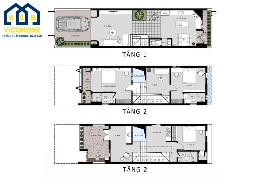 Bố trí mặt bằng công năng nhà phố 3 tầng 5x20 hiện đại - Tầng 3 (Tham khảo)