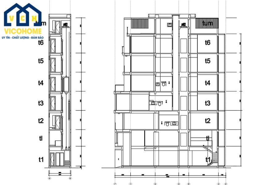 Bố trí thang máy nhà phố 7 tầng