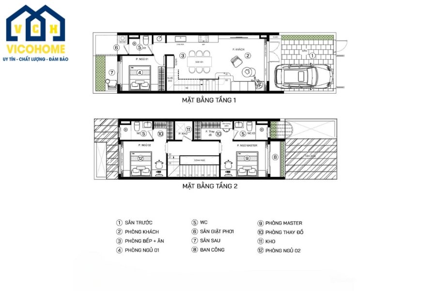 Sắp xếp công năng nhà ống 2 tầng mặt tiền 5m mái Thái (Tham khảo)