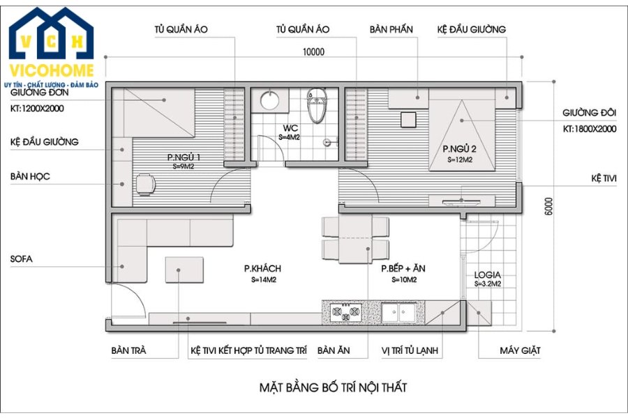 Mặt bằng công năng nhà cấp 4 2 phòng ngủ 60m2