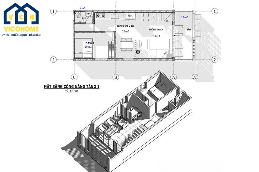 Bản vẽ thiết kế mặt bằng công năng nhà phố 1 tầng 5x20 (Tham khảo)