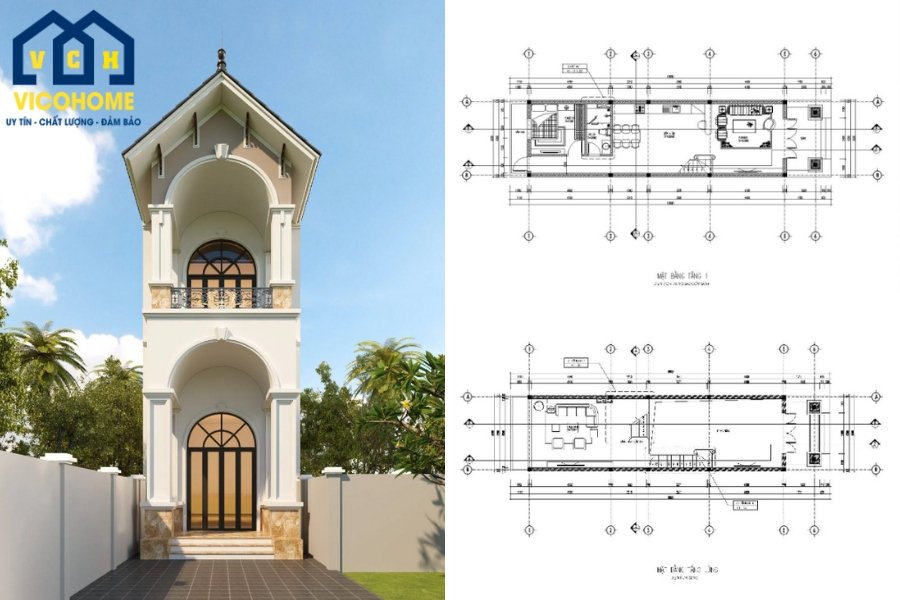 Nhà ống mái Thái 2 tầng có gác lửng 5x20m