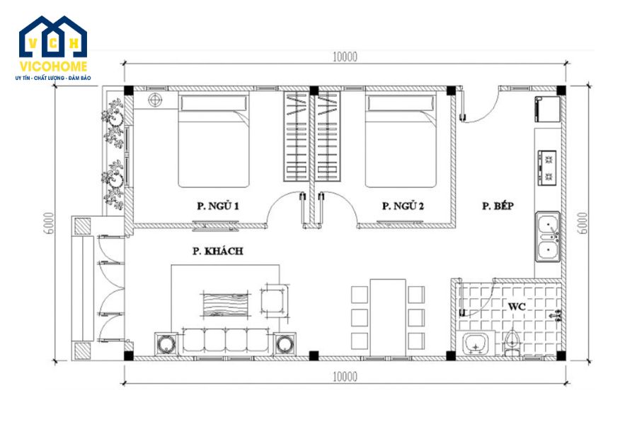 bản vẽ nhà 1 tầng 2 phòng ngủ