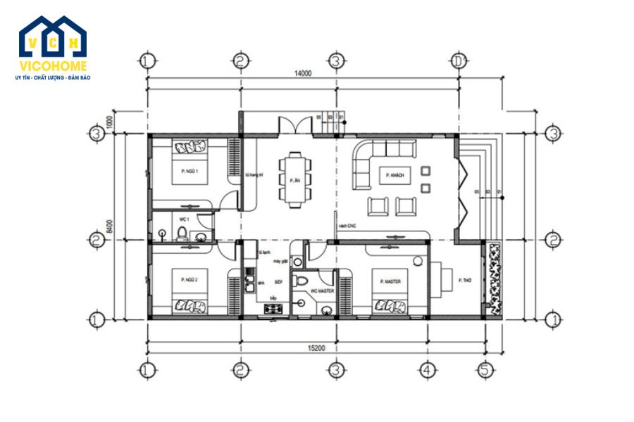 bản vẽ nhà 1 tầng 3 phòng ngủ
