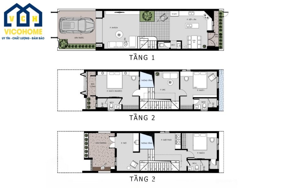 bản vẽ nhà 3 tầng 5x20