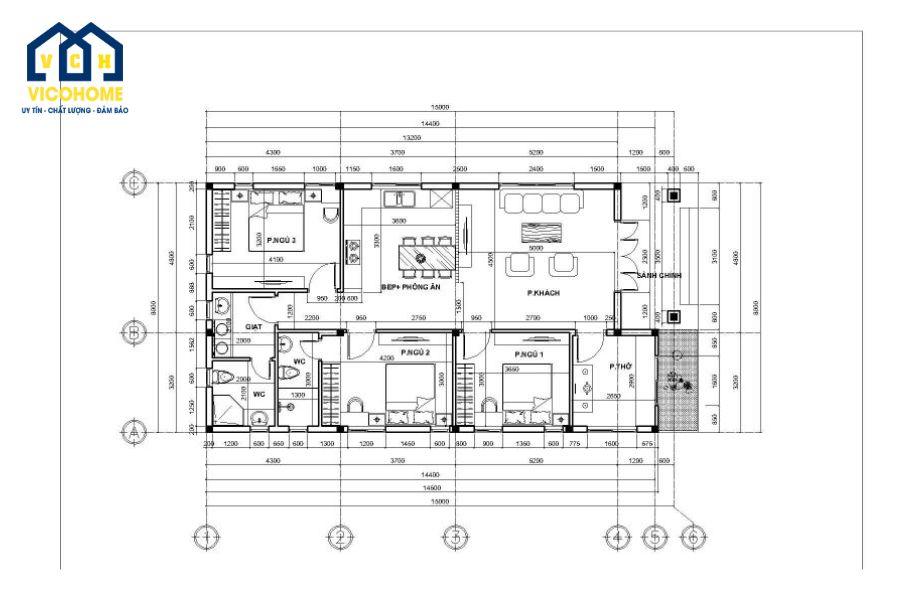 bản vẽ thiết kế nhà 1 tầng 8x15m