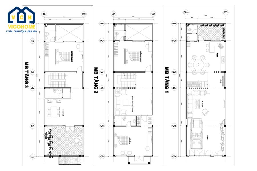 bản vẽ thiết kế nhà 3 tầng 5x15m
