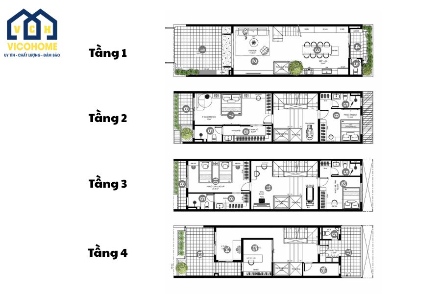 mặt bằng nhà 4 tầng
