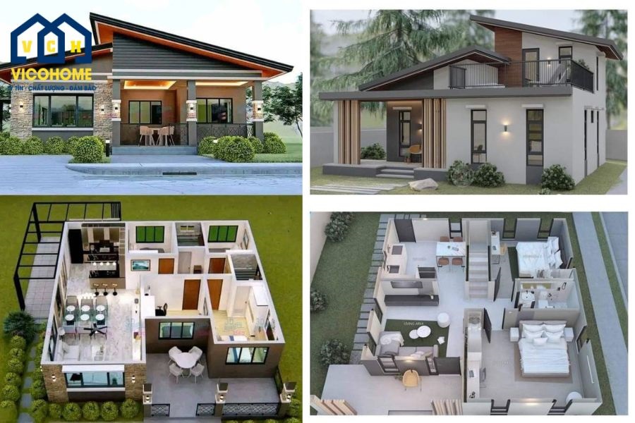 mặt bằng nhà mái lệch 1 tầng
