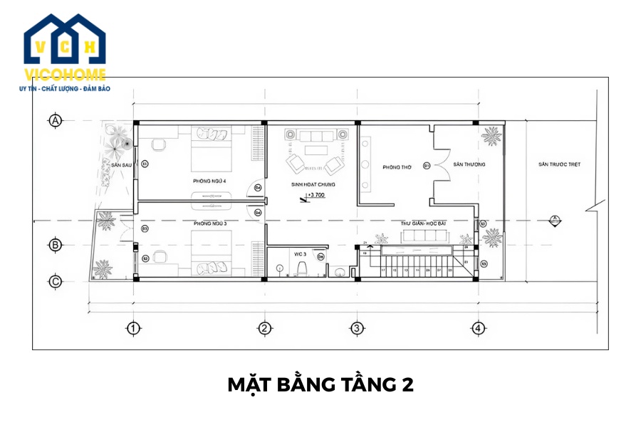 bản vẽ nhà 2 tầng mặt tiền 6m tầng 2