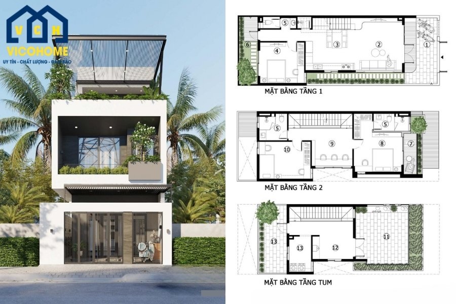 mẫu nhà 2 tầng mặt tiền 6m 3 phòng ngủ