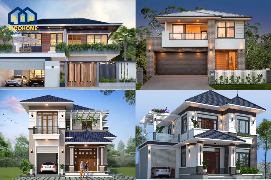 Mẫu nhà 2 tầng mái Nhật có gara ô tô