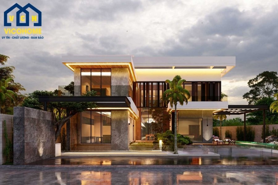 mẫu nhà biệt thự 2 tầng mái bằng