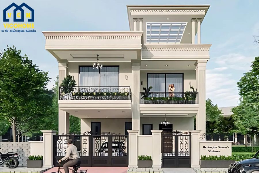 nhà 2 tầng mái bằng tân cổ điển