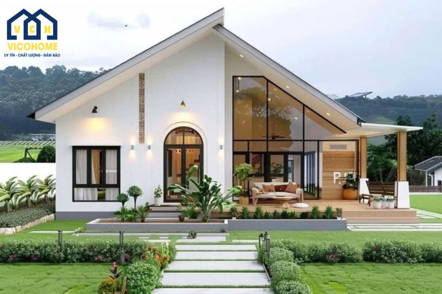 nhà khung thép 1 tầng có sân vườn