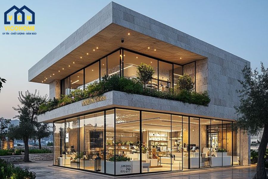nhà khung thép 2 tầng đẹp kết hợp kinh doanh